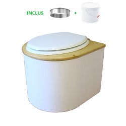 toilette sèche en bois arrondie blanche/huilé avec seau plastique 22L, bavette inox, abattant blanc