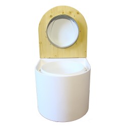 toilette sèche en bois arrondie blanche/huilé avec seau plastique 22L, bavette inox, abattant blanc
