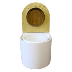 toilette sèche en bois arrondie blanche/huilé avec seau plastique 22L, bavette inox, abattant bambou
