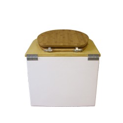 toilette sèche en bois arrondie blanche/huilé avec seau plastique 22L, bavette inox, abattant bambou