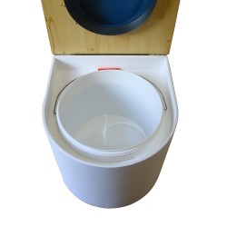 toilette sèche en bois arrondie blanche/huilé avec seau plastique 22L, bavette inox, abattant bleu