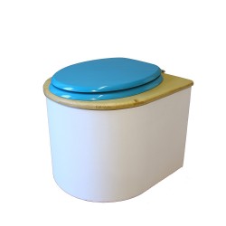 toilette sèche en bois arrondie blanche/huilé avec seau plastique 22L, bavette inox, abattant turquoise