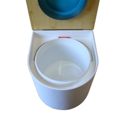 toilette sèche en bois arrondie blanche/huilé avec seau plastique 22L, bavette inox, abattant turquoise