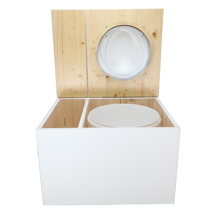  Toilette sèche avec bac à copeaux de bois blanc/huilé. Livré avec bavette inox et seau 22 litres