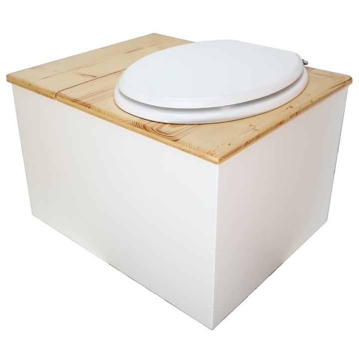  Toilette sèche avec bac à copeaux de bois blanc/huilé. Livré avec bavette inox et seau 22 litres