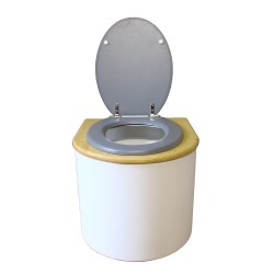 toilette sèche en bois arrondie blanche/huilé avec seau plastique 22L, bavette inox, abattant gris
