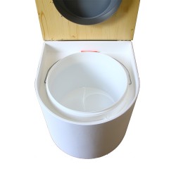 toilette sèche en bois arrondie blanche/huilé avec seau plastique 22L, bavette inox, abattant gris