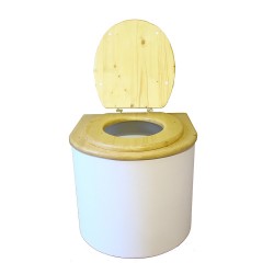 toilette sèche en bois arrondie blanche/huilé avec seau plastique 22L, bavette inox, abattant huilé