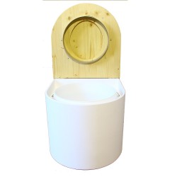 toilette sèche en bois arrondie blanche/huilé avec seau plastique 22L, bavette inox, abattant huilé
