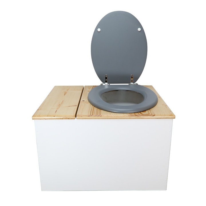  Toilette sèche avec bac à copeaux de bois blanc/huilé. Livré avec bavette inox et seau 22 litres