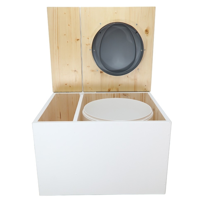 Toilette sèche avec bac à copeaux de bois blanc/huilé. Livré avec bavette inox et seau 22 litres