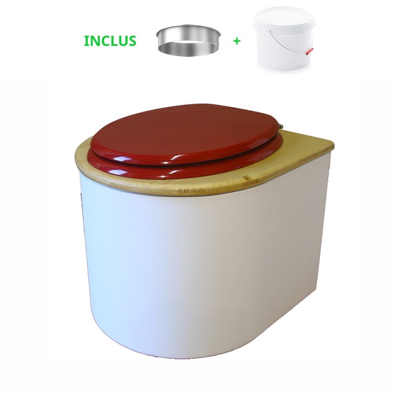 toilette sèche en bois arrondie blanche/huilé avec seau plastique 22L, bavette inox, abattant rouge
