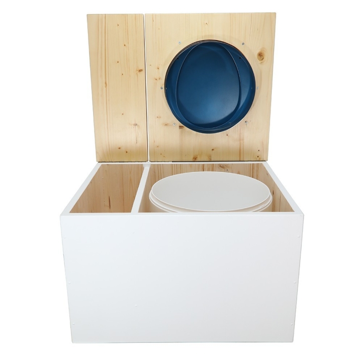  Toilette sèche avec bac à copeaux de bois blanc/huilé. Livré avec bavette inox et seau 22 litres