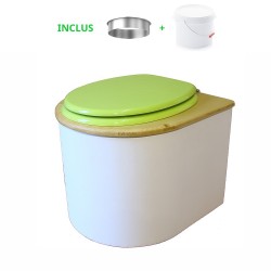 toilette sèche en bois arrondie blanche/huilé avec seau plastique 22L, bavette inox, abattant vert