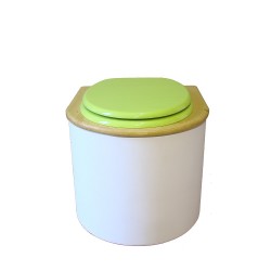 toilette sèche en bois arrondie blanche/huilé avec seau plastique 22L, bavette inox, abattant vert
