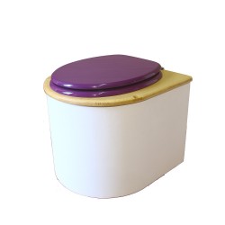 toilette sèche en bois arrondie blanche/huilé avec seau plastique 22L, bavette inox, abattant violet
