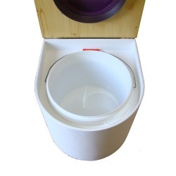toilette sèche en bois arrondie blanche/huilé avec seau plastique 22L, bavette inox, abattant violet