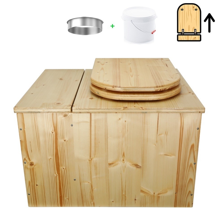 Toilette sèche avec bac à copeaux de bois intégré en bois huilé avec bavette inox et seau plastique 22L
