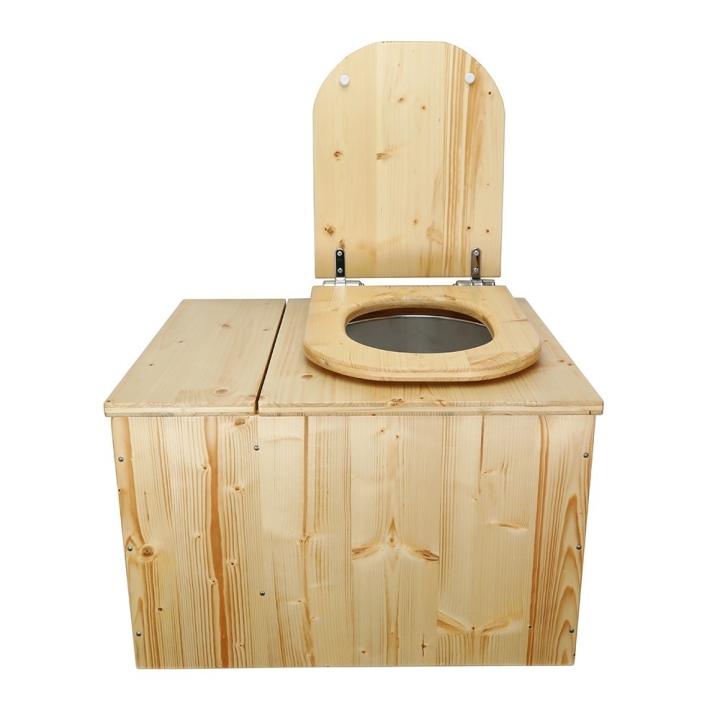  Toilette sèche avec bac à copeaux de bois intégré en bois huilé avec bavette inox et seau plastique 22L