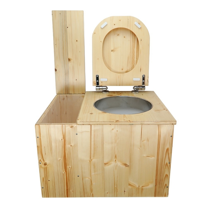  Toilette sèche avec bac à copeaux de bois intégré en bois huilé avec bavette inox et seau plastique 22L