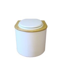 Toilette sèche en bois arrondie blanche/huilé avec seau inox, bavette inox, abattant blanc