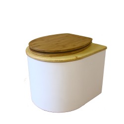 Toilette sèche en bois arrondie blanche/huilé avec seau inox, bavette inox, abattant bambou