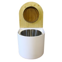 Toilette sèche en bois arrondie blanche/huilé avec seau inox, bavette inox, abattant bambou