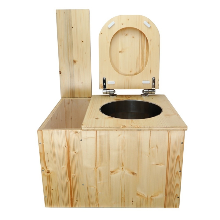  Toilette sèche avec bac à copeaux de bois intégré en bois huilé avec bavette inox et seau inox
