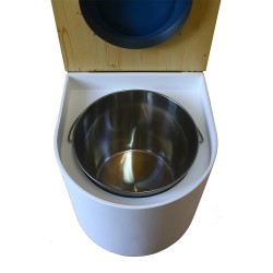 Toilette sèche en bois arrondie blanche/huilé avec seau inox, bavette inox, abattant bleu nuit