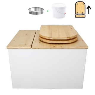 Toilette sèche avec bac à copeaux de bois intégré en bois blanc/huilé avec bavette inox et seau 22L