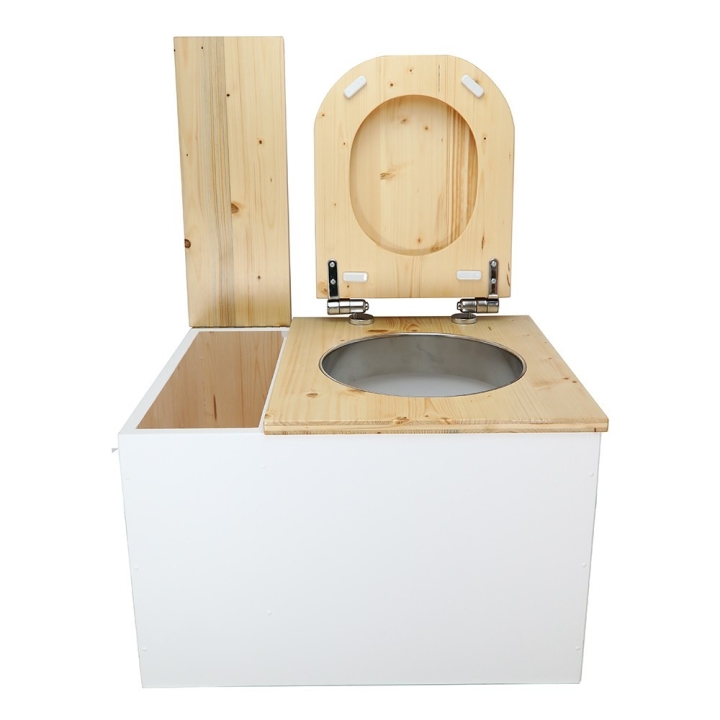  Toilette sèche avec bac à copeaux de bois intégré en bois blanc/huilé avec bavette inox et seau 22L