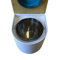 Toilette sèche en bois arrondie blanche/huilé avec seau inox, bavette inox, abattant bleu turquoise