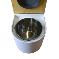 Toilette sèche en bois arrondie blanche/huilé avec seau inox, bavette inox, abattant gris