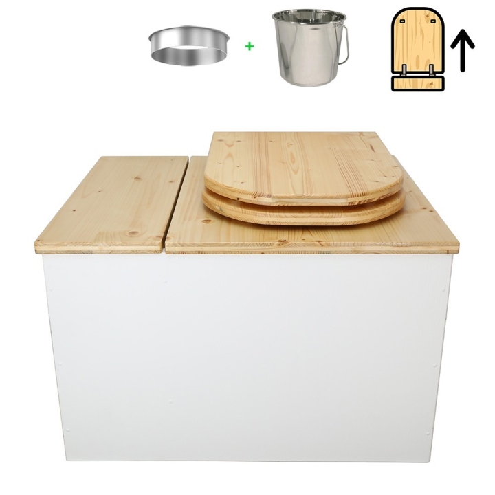 Toilette sèche avec bac à copeaux de bois intégré en bois blanc/huilé avec bavette inox et seau inox