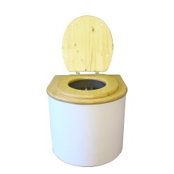 Toilette sèche en bois arrondie blanche/huilé avec seau inox, bavette inox, abattant huilé