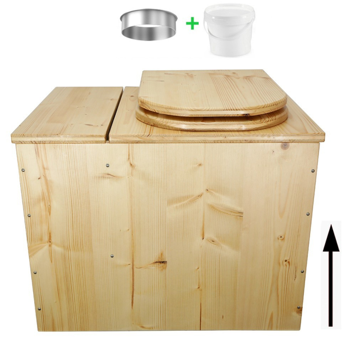 Toilette sèche avec bac à copeaux en bois huilé rehaussée avec bavette inox et seau 20L plastique