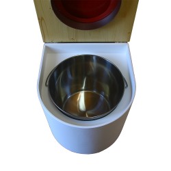 Toilette sèche en bois arrondie blanche/huilé avec seau inox, bavette inox, abattant rouge
