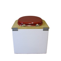 Toilette sèche en bois arrondie blanche/huilé avec seau inox, bavette inox, abattant rouge