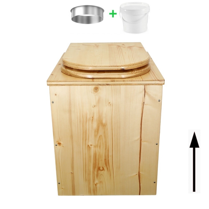 Toilette sèche rehaussée en bois huilé complète avec seau 20 litres et bavette inox
