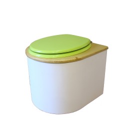 Toilette sèche en bois arrondie blanche/huilé avec seau inox, bavette inox, abattant vert