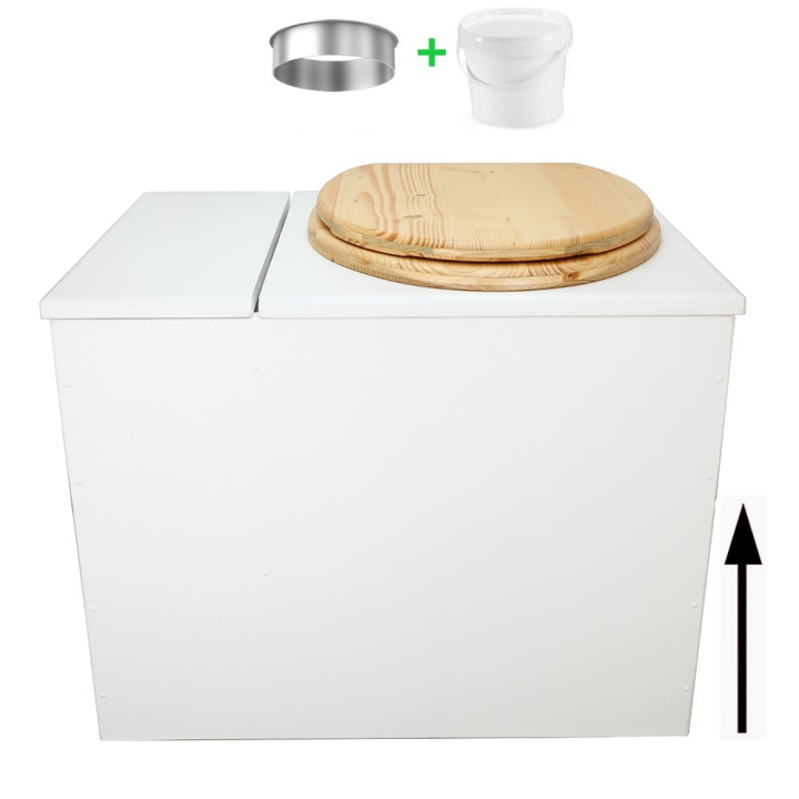 Toilette sèche en bois blanc rehaussée avec bac à copeaux de bois