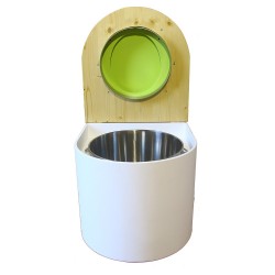 Toilette sèche en bois arrondie blanche/huilé avec seau inox, bavette inox, abattant vert