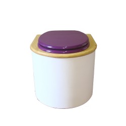 Toilette sèche en bois arrondie blanche/huilé avec seau inox, bavette inox, abattant violet