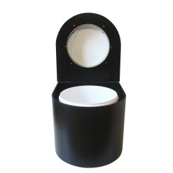 Toilette sèche en bois arrondie avec seau plastique 22L et bavette inox. Abattant blanc
