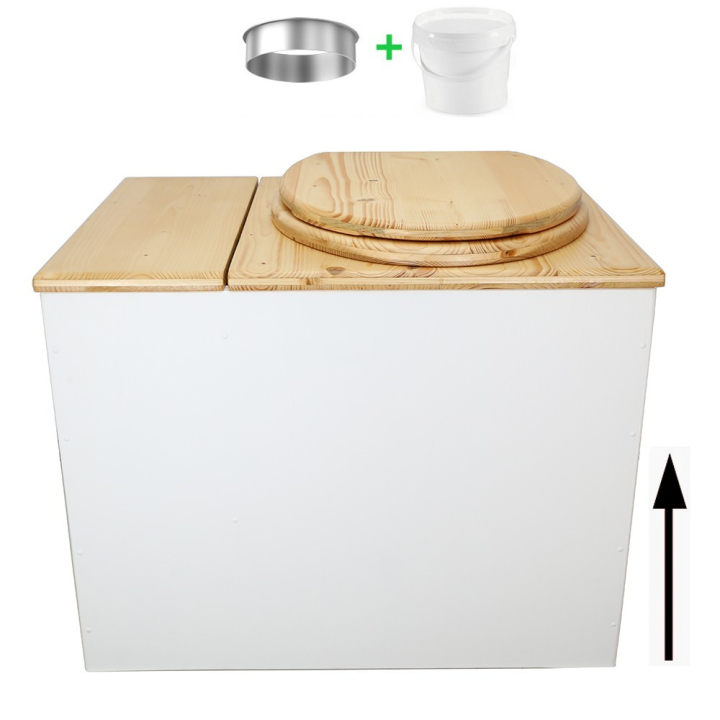 Toilette sèche en bois blanc/huilé rehaussée avec bac à copeaux de bois