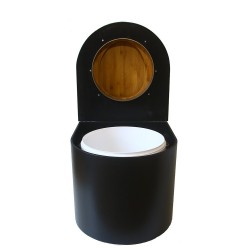 Toilette sèche en bois arrondie avec seau plastique 22L et bavette inox. Abattant bambou