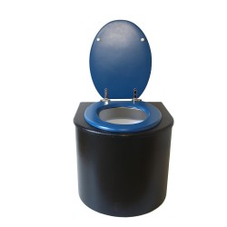 Toilette sèche en bois arrondie noire avec seau plastique 22L et bavette inox. Abattant bleu nuit