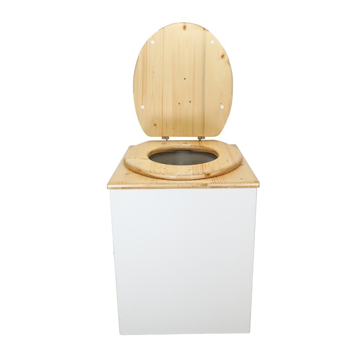  Toilette sèche rehaussée en bois blanc/huilé complète avec seau 20 litres et bavette inox