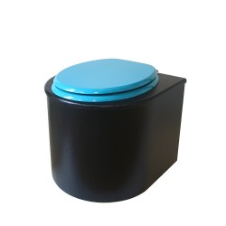 Toilette sèche en bois arrondie noire avec seau plastique 22L et bavette inox. Abattant bleu turquoise