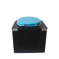 Toilette sèche en bois arrondie noire avec seau plastique 22L et bavette inox. Abattant bleu turquoise